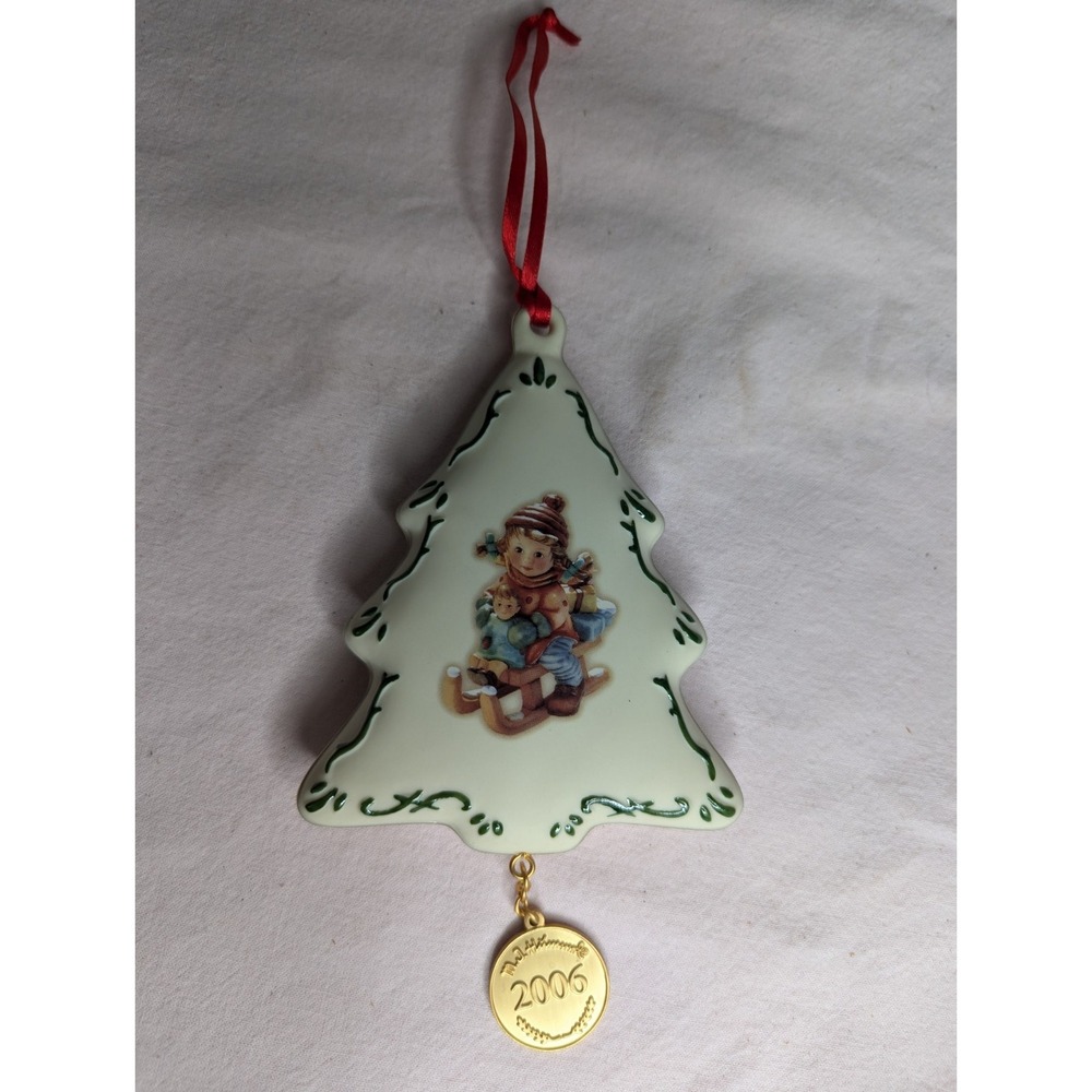 M.J. Hummel 2006 Christmas Tree child on sled‎ Ornament 6" gold trim porcelain